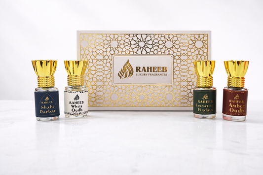 Raheeb Premium Attar Perfume Gift Set 4 x 6ml | White Oud | Amber Oud | Shahi Darbar | Jannat-ul-Firdaus