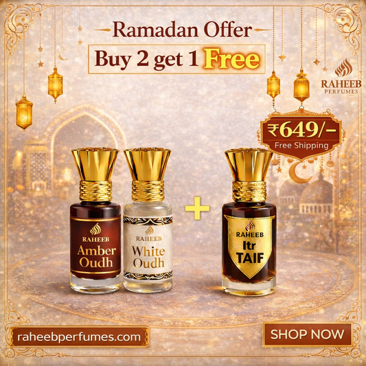 RAHEEB PREMIUM's LUXUARY ATTAR DUO - AMBER OUDH & WHITE OUDH ATTAR + RAHEEB ITR TAIF